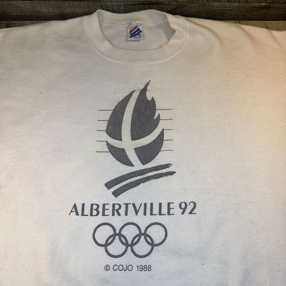 Vintage 92 Albertville Olympics White Crew (XL) Jerzees 3m Promo Reflects - Picture 1 of 9